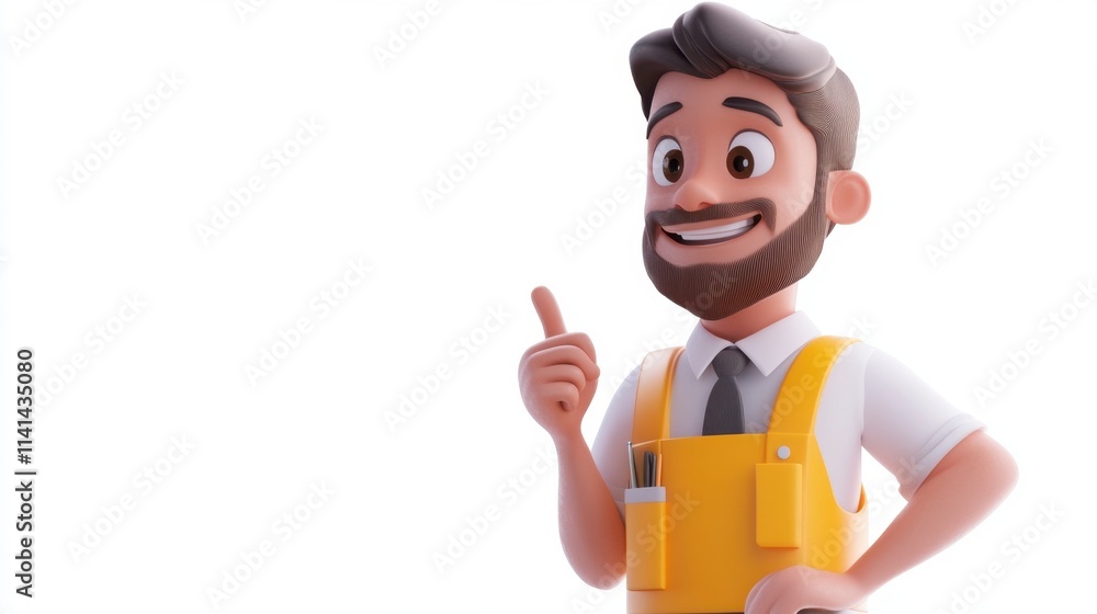 Smiling Cartoon Construction Worker Gesturing, White Background, Copy Space Smiling Cartoon Construction Worker Gesturing, White Background, Copy Space