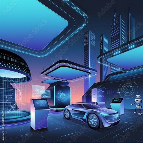 Futuristic Cityscape Showcases Advanced Electric Vehicle Technology photo