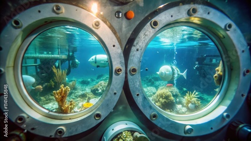 Two round portholes looking into a blue underwater scene with a white robot fish and coral
