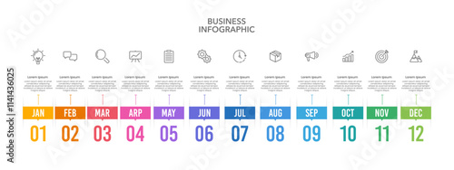 Infographic 12 Month Roadmap to Business Success. Presentation, Timeline, Milestone, Anniversary and Plan. Vector illustration.