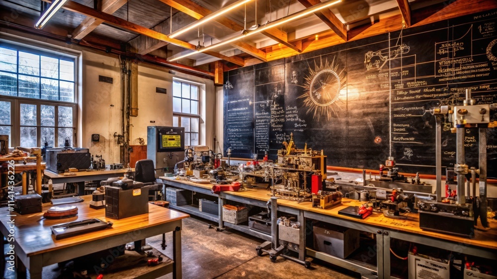 Industrial Workshop with a Chalkboard Featuring a Diagram Industrial Workshop with a Chalkboard Featuring a Diagram