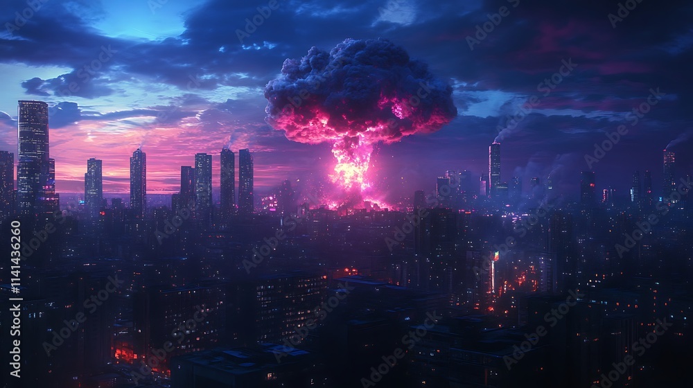 Obraz premium Pink Nuclear Explosion Over Futuristic Cityscape - Digital Art. AI Generated