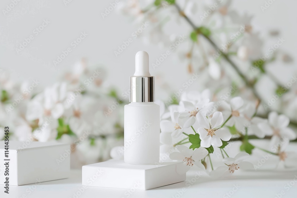 White serum bottle with blossom. White serum bottle with blossom.