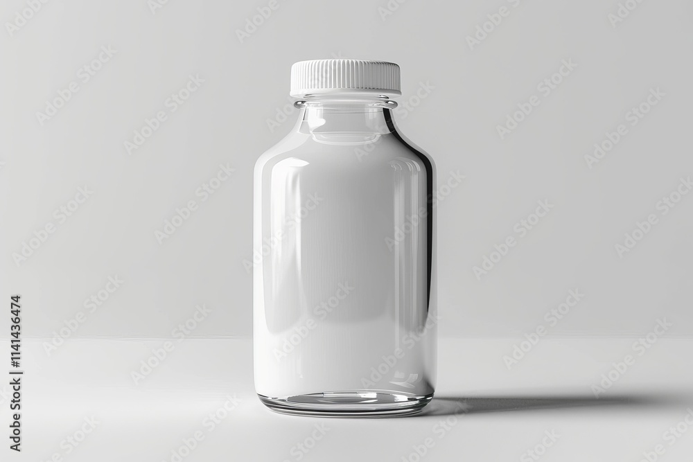 Clear glass bottle with white cap on white background. Clear glass bottle with white cap on white background.