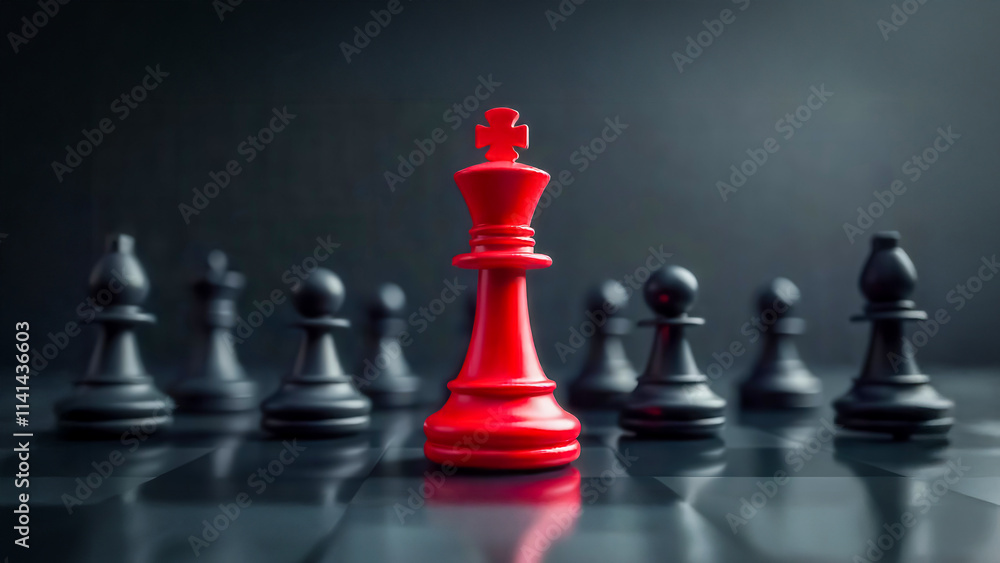 Chess strategy showdown red king dominates black pieces board game arena high contrast close-up perspective Chess strategy showdown red king dominates black pieces board game arena high contrast close-up perspective