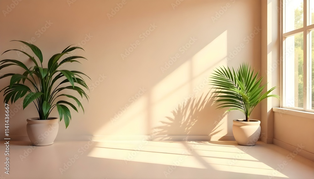 Fototapeta premium A tropical indoor scene with palm leaves and sunlight streaming through a window , creating a warm and serene atmosphere