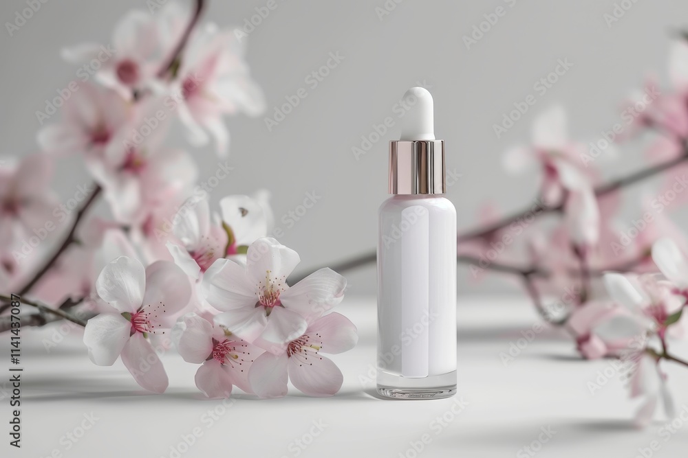 White serum bottle with pink flowers. White serum bottle with pink flowers.