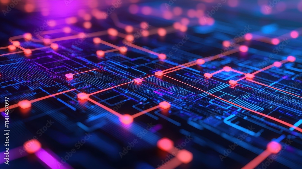 Obraz premium A vibrant, abstract representation of digital circuits with glowing nodes and interconnecting lines, embodying technology and innovation.