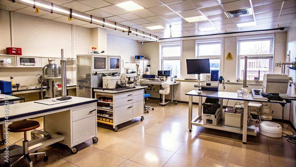 Laboratory Room with Scientific Equipment and Workstations Laboratory Room with Scientific Equipment and Workstations