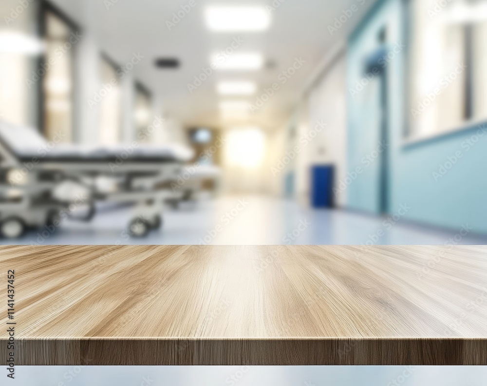 Empty wooden table in blurred hospital corridor. (4) Empty wooden table in blurred hospital corridor. (4)