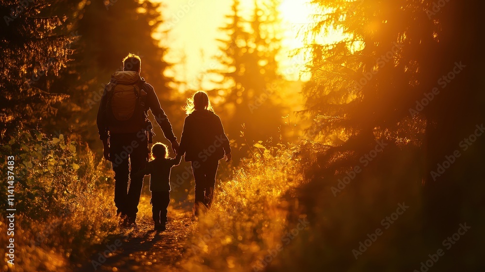 Fototapeta premium A family walks hand in hand along a sunlit forest path, surrounded by trees, capturing a warm, peaceful moment in nature.