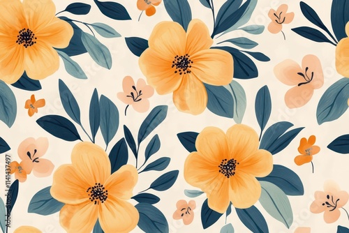 Wallpaper Mural Seamless Pattern of Orange Flowers with Teal Leaves on White Background Torontodigital.ca