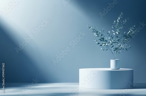 Wallpaper Mural Minimalist blue room with plant on pedestal. Torontodigital.ca