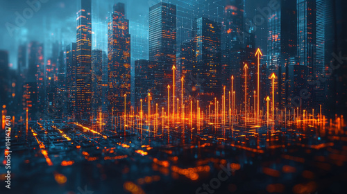 Fototapeta Naklejka Na Ścianę i Meble -  Futuristic city skyline with glowing financial arrows and data visualization
