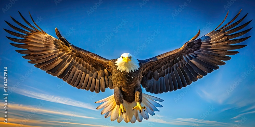 Obraz premium Majestic Bald Eagle Soaring in a Clear Blue Sky, Symbolizing Freedom and Power, Glorious Feathers Glimmering in the Sunlight, Nature's Majesty Captured in Flight