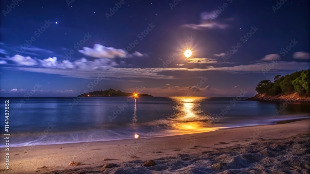 Fototapeta premium Tranquil Beachscape Illuminated by a Full Moon and Stars