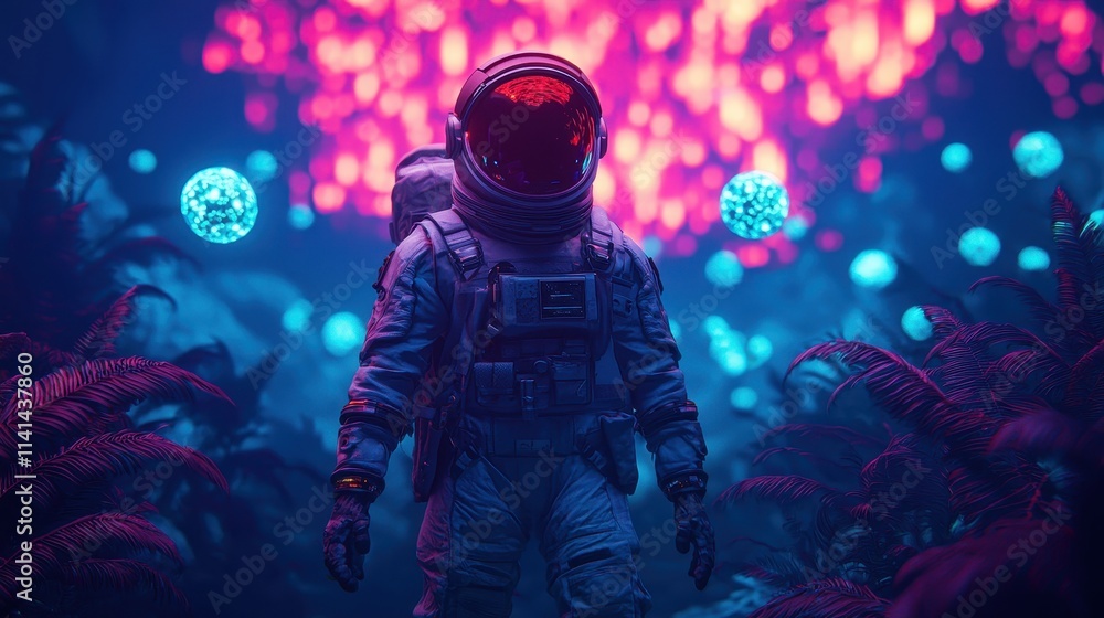 A futuristic astronaut explores a vibrant alien landscape filled with glowing plants and colorful orbs, creating a surreal, otherworldly atmosphere. A futuristic astronaut explores a vibrant alien landscape filled with glowing plants and colorful orbs, creating a surreal, otherworldly atmosphere.