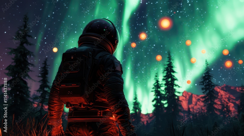 An astronaut gazes at a mesmerizing aurora borealis under a starry sky, surrounded by silhouetted trees and glowing orbs. An astronaut gazes at a mesmerizing aurora borealis under a starry sky, surrounded by silhouetted trees and glowing orbs.