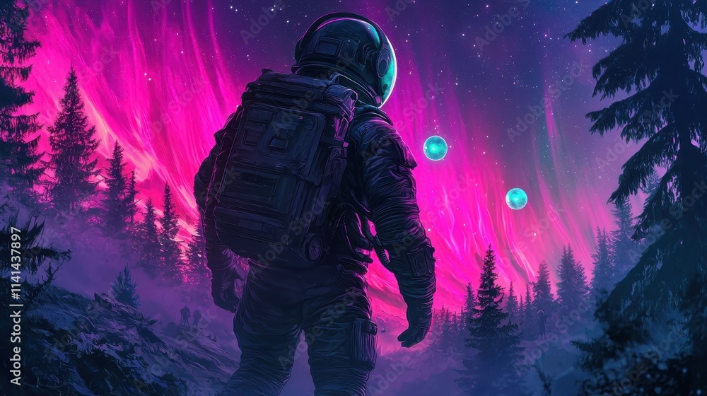 A vibrant, cosmic scene featuring an astronaut gazing at a colorful aurora and distant orbs, set in a forested landscape under a starry sky. A vibrant, cosmic scene featuring an astronaut gazing at a colorful aurora and distant orbs, set in a forested landscape under a starry sky.