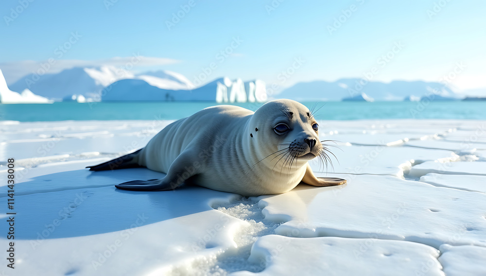 Naklejka premium “Weddell Seal Resting on Ice” – A Weddell seal resting on a sheet of ice surrounded by glacial blue waters, showcasing the unique wildlife of Antarctica.