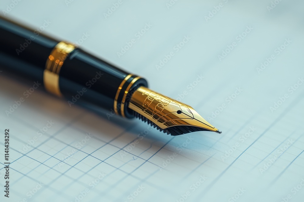 Elegant gold-nibbed fountain pen rests on grid paper. Perfect for concepts of writing, luxury, and business. Elegant gold-nibbed fountain pen rests on grid paper. Perfect for concepts of writing, luxury, and business.