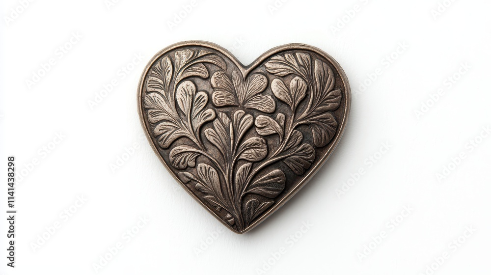 A detailed heart-shaped pendant with intricate floral engravings, showcasing a vintage design and a metallic finish. A detailed heart-shaped pendant with intricate floral engravings, showcasing a vintage design and a metallic finish.