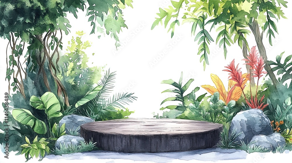 Watercolor illustration of a wooden podium surrounded by tropical plants and stones on a white background. Watercolor illustration of a wooden podium surrounded by tropical plants and stones on a white background.