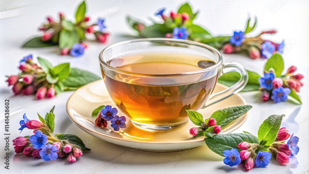 Minimalist Herbal Tea with Lungwort Flowers – Tranquil White Background, Pulmonaria Officinalis in a Cup, Natural Elements, Serenity, Herbal Benefits, Relaxation, Floral Aesthetics Minimalist Herbal Tea with Lungwort Flowers – Tranquil White Background, Pulmonaria Officinalis in a Cup, Natural Elements, Serenity, Herbal Benefits, Relaxation, Floral Aesthetics