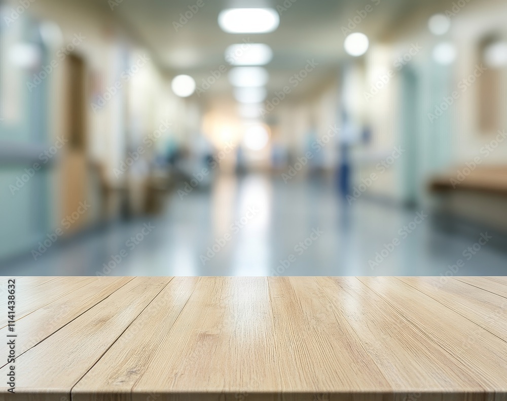 Empty wooden table in blurred hospital corridor. (2) Empty wooden table in blurred hospital corridor. (2)