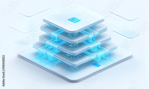 Abstract layered structure with glowing circuits and connections.