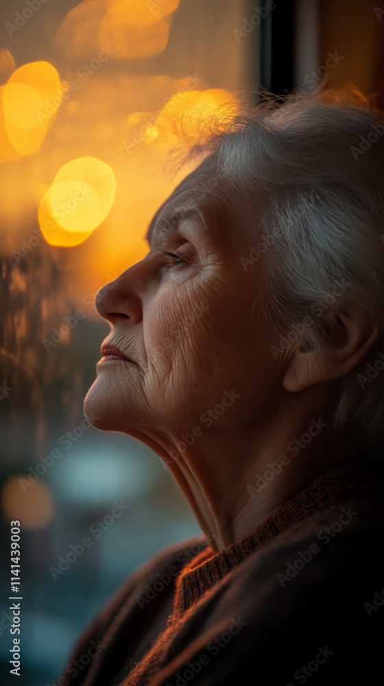 Elderly woman gazing out a window at Elderly woman gazing out a window at