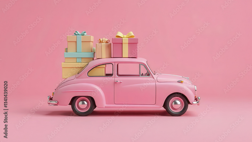 Festive car delivery studio product display pink background side view celebration concept Festive car delivery studio product display pink background side view celebration concept
