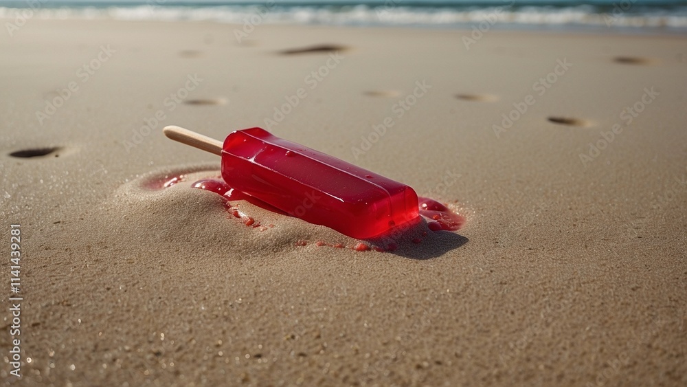 red ice popsicle dropped on beach sand melting in summer heat red ice popsicle dropped on beach sand melting in summer heat
