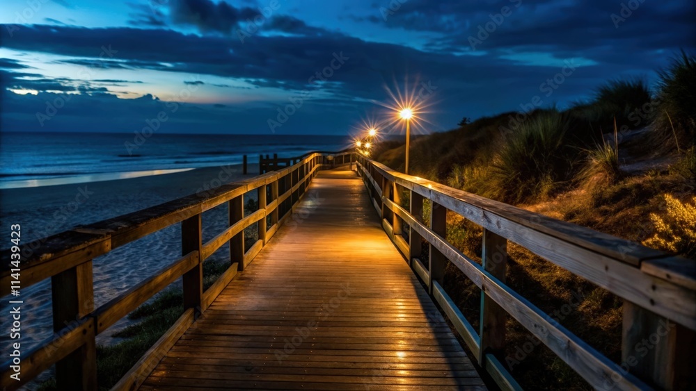 Obraz premium Illuminated Wooden Pathway Leading to the Ocean at Night