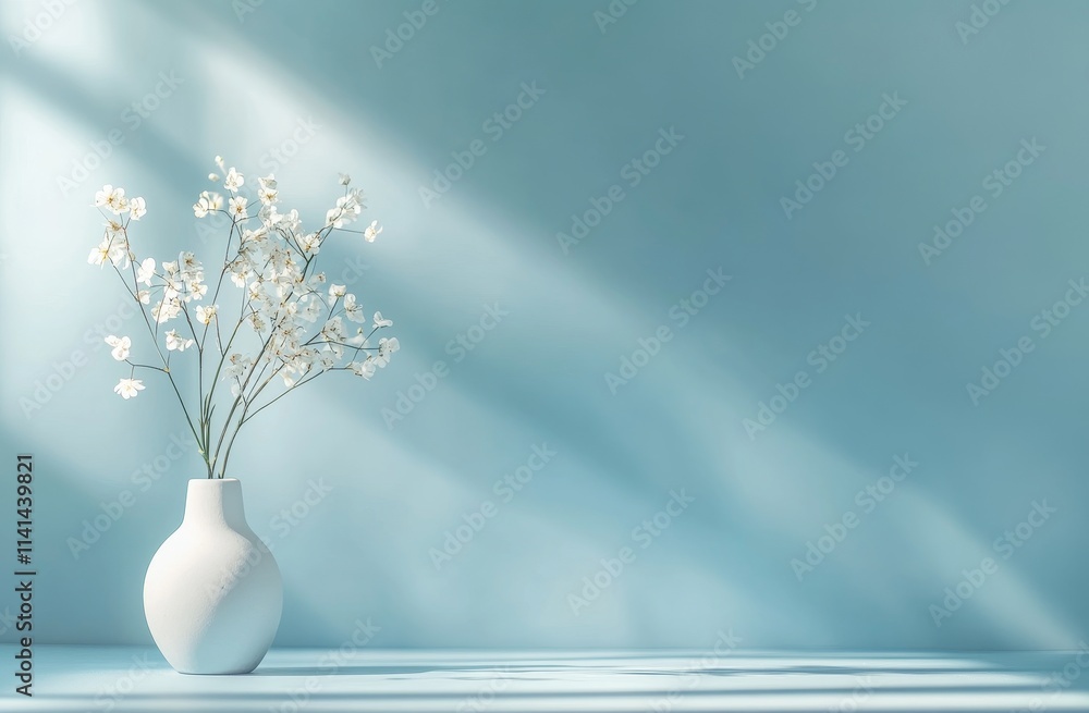 White flowers in vase, sunlit blue background. White flowers in vase, sunlit blue background.