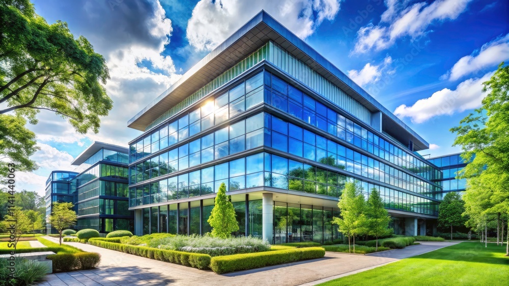 Modern Office Building Facade with Lush Greenery and Clear Blue Sky – Ideal for Corporate Settings, Business Development, and Real Estate Marketing Modern Office Building Facade with Lush Greenery and Clear Blue Sky – Ideal for Corporate Settings, Business Development, and Real Estate Marketing