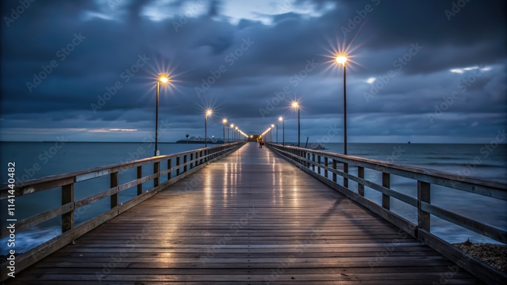 Obraz premium Illuminated wooden pier extending towards the horizon under a cloudy dusk sky