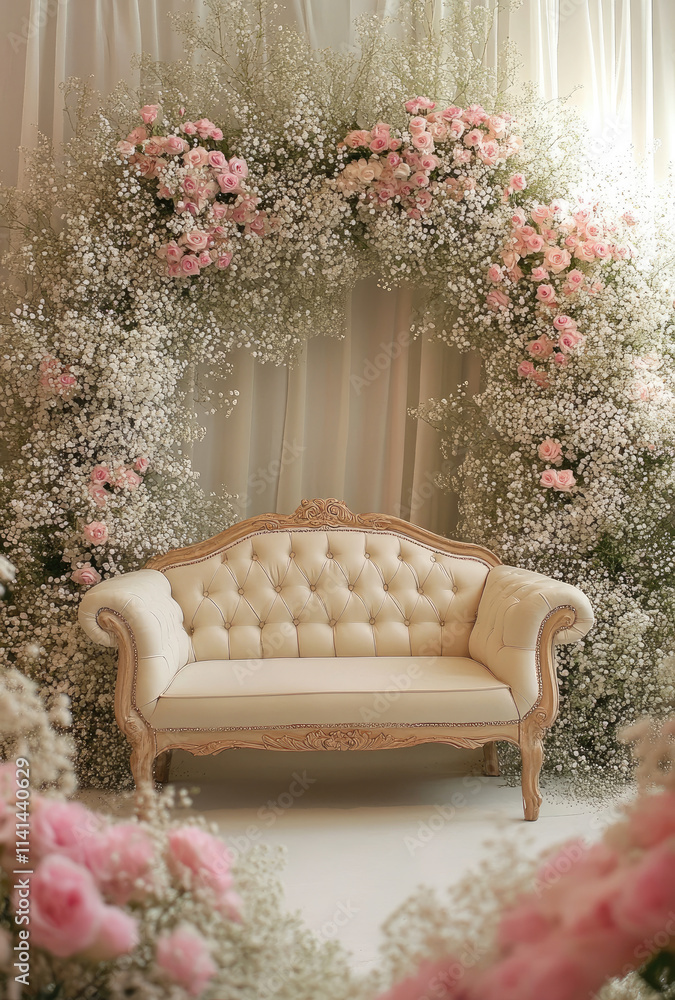 Obraz premium Tufted Cream Sofa on a Wedding Stage Framed by Floral Arches and Romantic Drapery