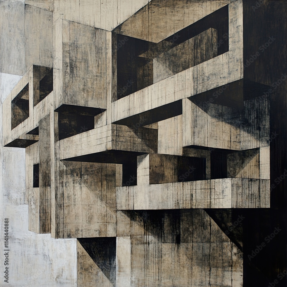 Fototapeta premium Abstract Architectural Forms: A Monochromatic Study in Concrete and Shadow