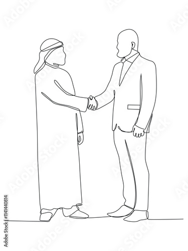 Single continuous line drawing of young happy muslim business man handshake his partner, Arab middle east businessmen with shmagh kandura robe cloth.