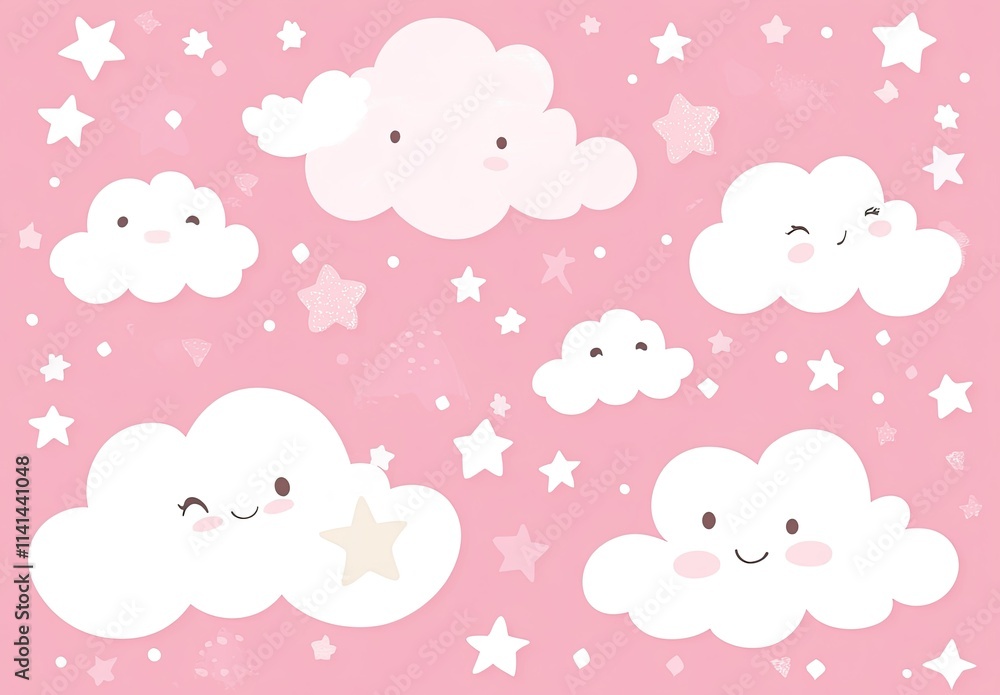 A pink background with white clouds and stars A pink background with white clouds and stars