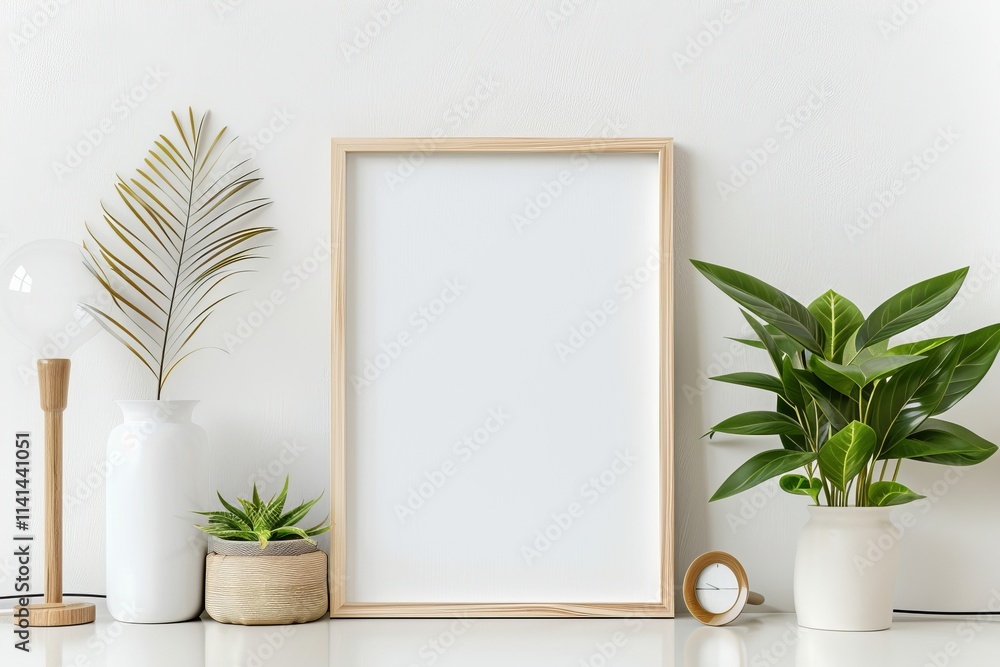 Blank frame mockup with plants and decor. Blank frame mockup with plants and decor.