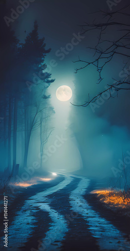 Wallpaper Mural full moon illuminates the road at night. Banner. Generative AI Torontodigital.ca