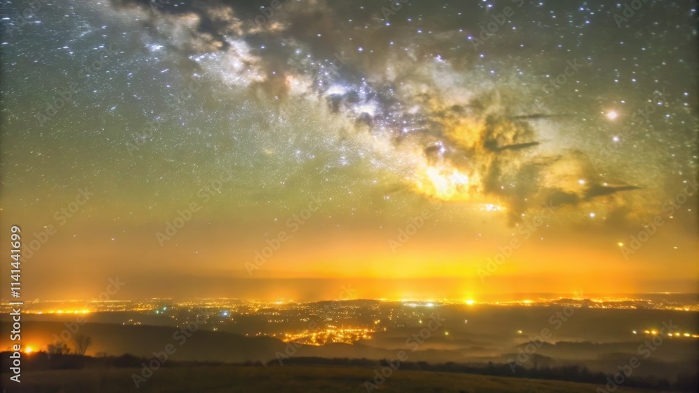 Milky Way Galaxy Above City Lights and Fog Milky Way Galaxy Above City Lights and Fog