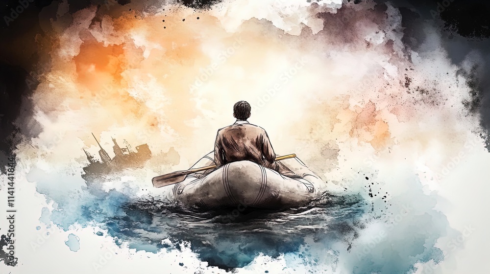 Obraz premium Isolated Individual in Formal Wear Drifting in a Gray Raft: A Stunning Poster for Sports Interiors, Capturing the Essence of Resilience Against a Stormy Backdrop