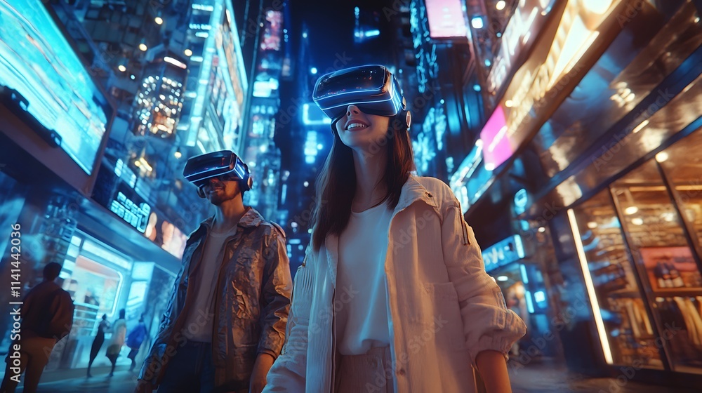 People wearing VR headsets walking through brightly illuminated streets photo. AI Generated People wearing VR headsets walking through brightly illuminated streets photo. AI Generated