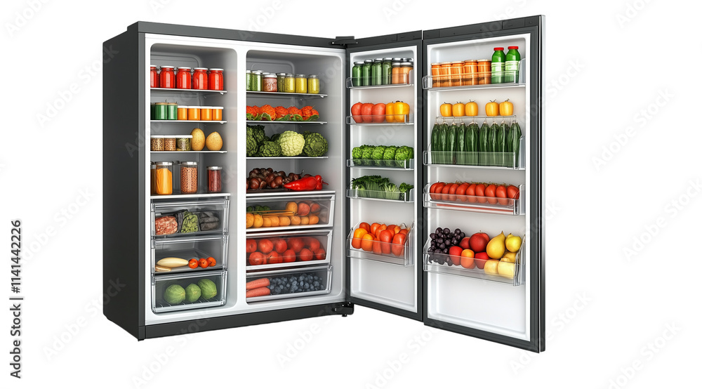 PNG, Fridge, open refrigerator isolated on white background, generated by Generative AI technology. PNG, Fridge, open refrigerator isolated on white background, generated by Generative AI technology.
