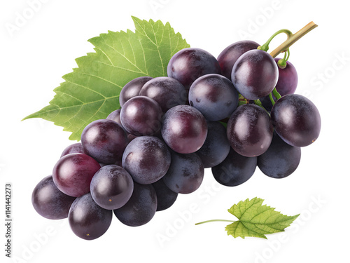Bunch of Purple grape isolated on white background, Kyoho Grape with leaves on white background PNG file.