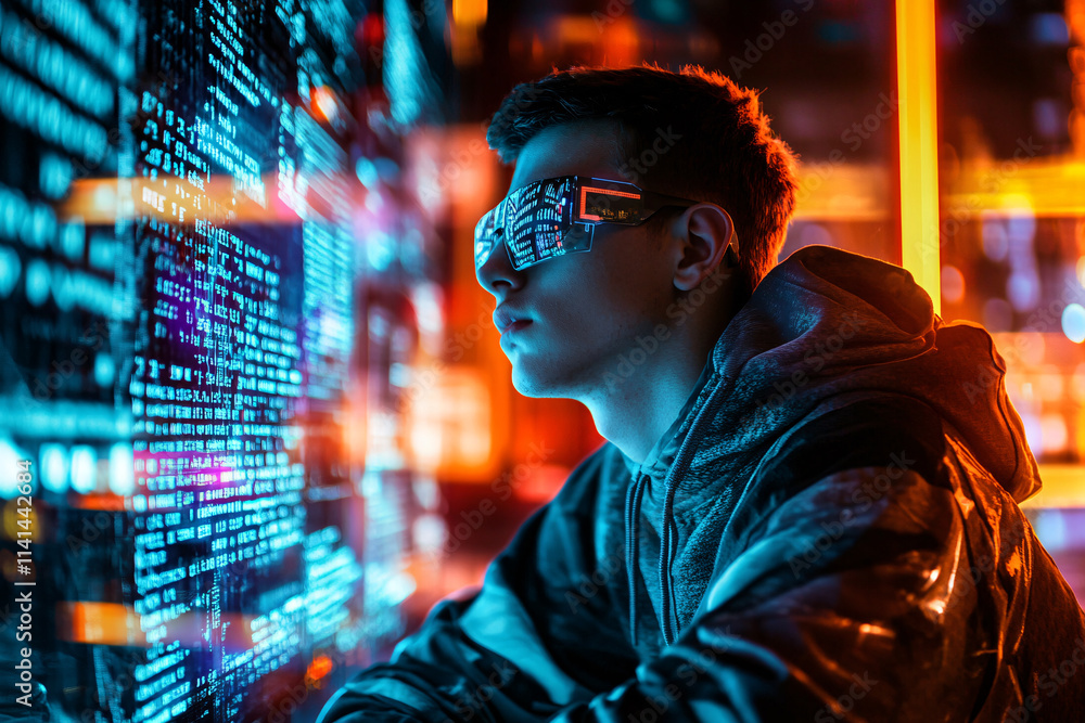 Obraz premium Boy wearing futuristic glasses, neon digital interface.