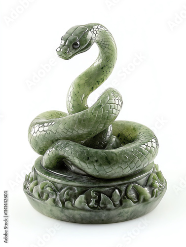 A green snake is curled up on a white background. The snake is made of a material that looks like stone or glass photo